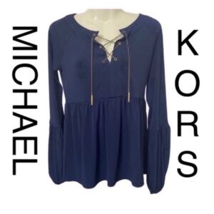 MICHAEL, Michael Kors Designer Women’s Navy Blue Gold Chain Lace-Up Blouse XS